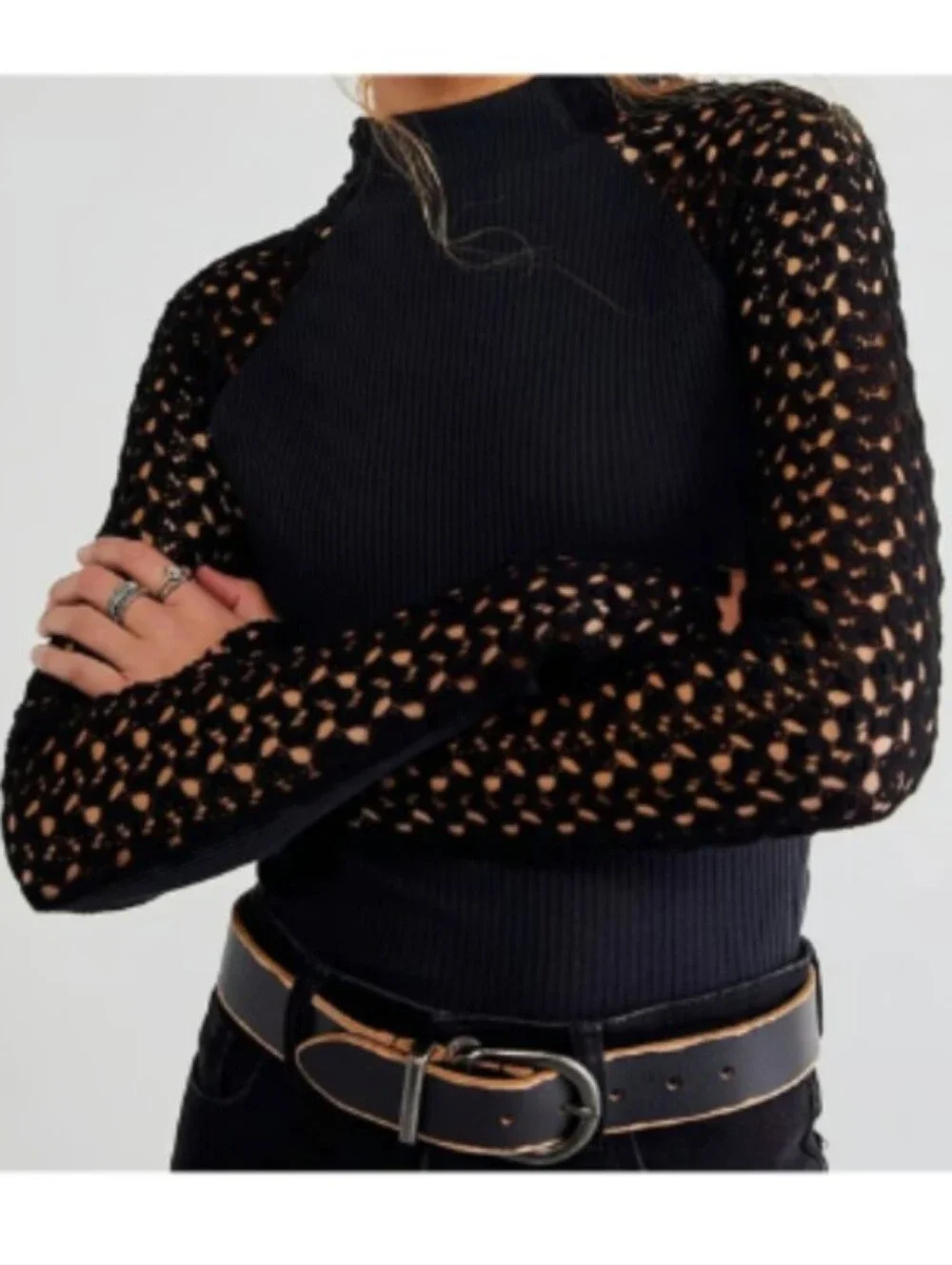Free People Black Clemente Mock Neck Ribbed Crochet Sleeve Top Medium EUC